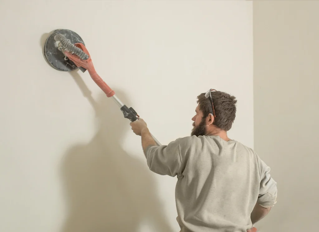 Un homme qui ponce un mur en placo après avoir reboucher un trou